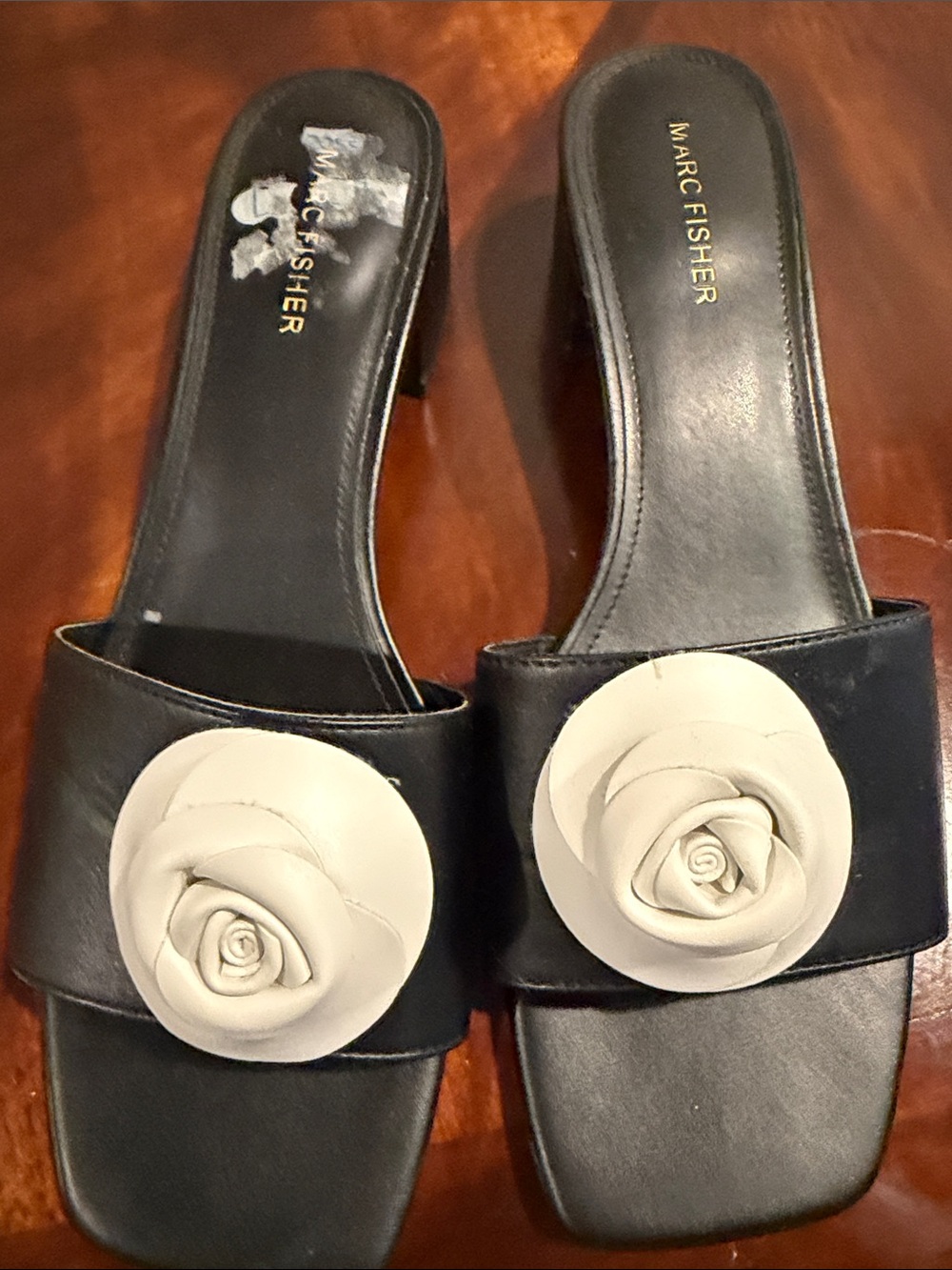 Marc Fisher Black Slides with Cream Rose Accents